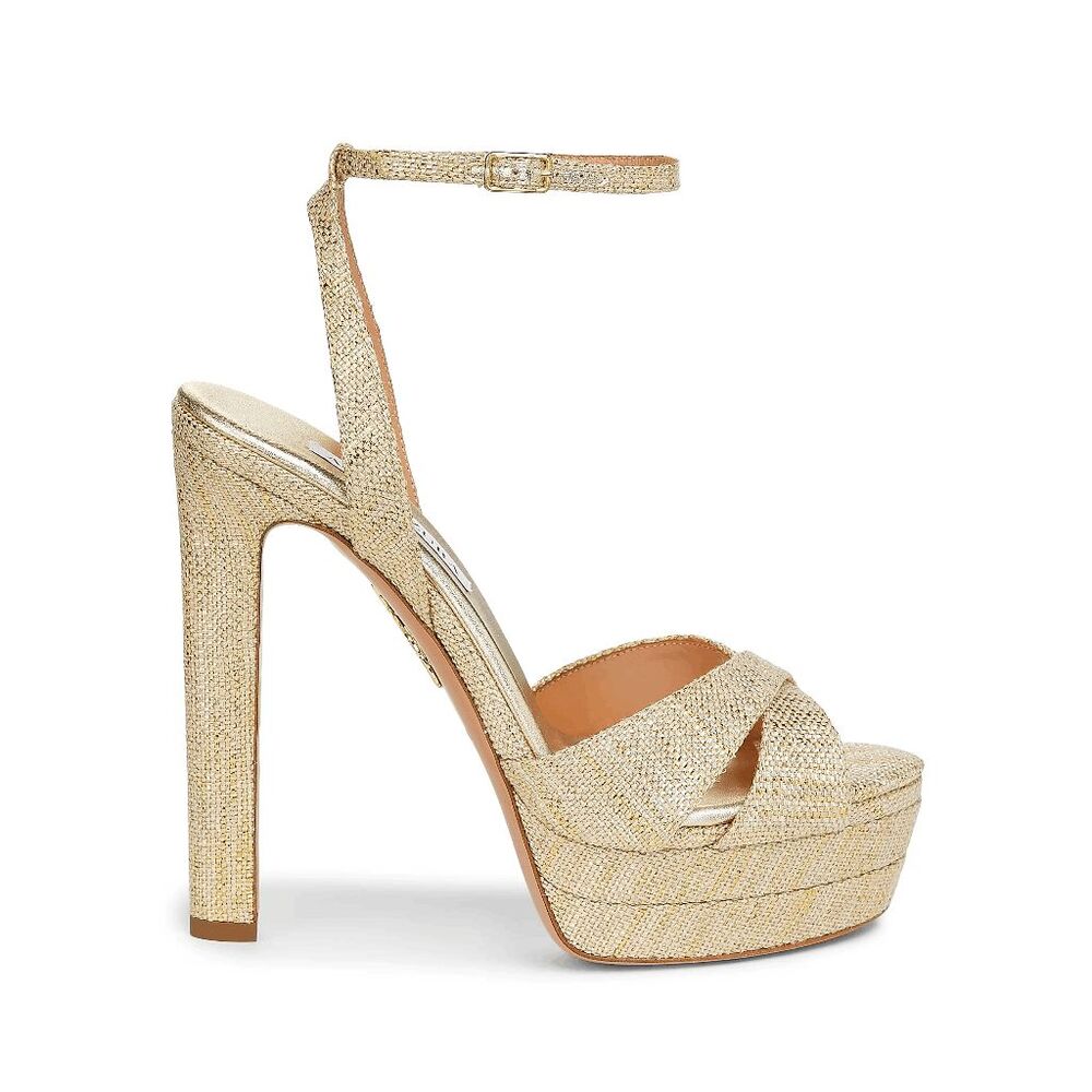 Aquazzura Gold Glitter Platform Ankle-Strap High Heel Sandals